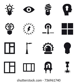 16 vector icon set : bulb, eye, bulb head, bulb brain, lightning, laser, window, outdoor light