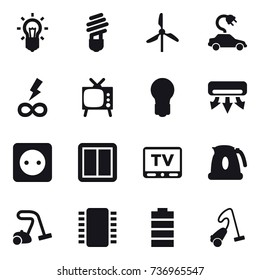 16 vector icon set : bulb, windmill, electric car, infinity power, tv, air conditioning, power socket, power switch, kettle, vacuum cleaner