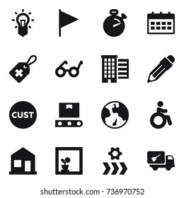 16 vector icon set : bulb, flag, stopwatch, calendar, houses, pencil, earth, invalid, home, flower in window, home call cleaning