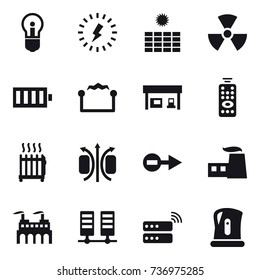 16 vector icon set : bulb, lightning, sun power, nuclear, battery, electrostatic, gas station, remote control, radiator, kettle