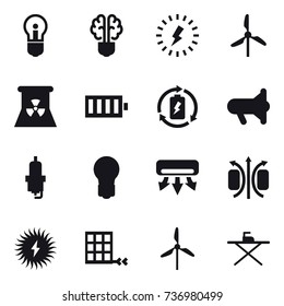 16 vector icon set : bulb, bulb brain, lightning, windmill, nuclear power, battery, battery charge, megafon, spark plug, air conditioning, iron board