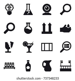 16 vector icon set : bulb brain, flask, web cam, magnifier, cocktail, window, jug, skyscapers cleaning