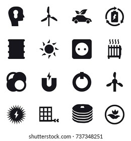 16 vector icon set : bulb head, windmill, eco car, battery charge, sun, power socket, radiator, ecology