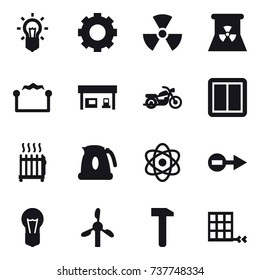16 vector icon set : bulb, gear, nuclear, nuclear power, electrostatic, gas station, motorcycle, power switch, radiator, kettle