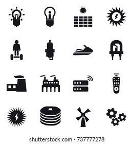 16 vector icon set : bulb, sun power, hoverboard, spark plug, jet ski, windmill, gears
