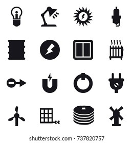 16 vector icon set : bulb, table lamp, sun power, spark plug, electricity, power switch, radiator, windmill