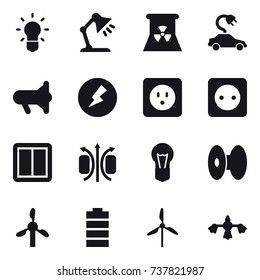 16 vector icon set : bulb, table lamp, nuclear power, electric car, megafon, electricity, power socket, power switch, windmill, hard reach place cleaning