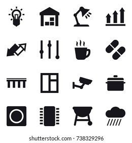 16 vector icon set : bulb, warehouse, table lamp, graph up, up down arrow, equalizer, hot drink, bridge, window, surveillance, pan, ring button, rain cloud