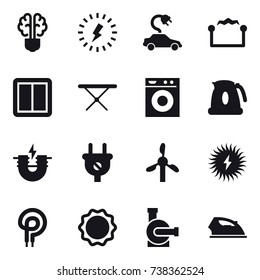 16 vector icon set : bulb brain, lightning, electric car, electrostatic, power switch, iron board, washing machine, kettle, water pump, iron