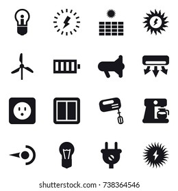 16 vector icon set : bulb, lightning, sun power, windmill, battery, megafon, air conditioning, power socket, power switch, mixer, coffee maker