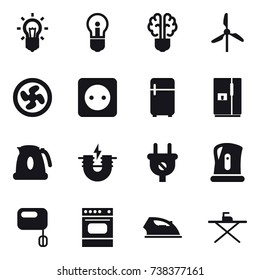 16 vector icon set : bulb, bulb brain, windmill, cooler fan, power socket, fridge, kettle, iron, iron board