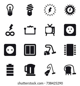16 vector icon set : bulb, lightning, sun power, infinity power, electrostatic, tv, power socket, power switch, vacuum cleaner, kettle