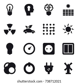 16 vector icon set : bulb, bulb head, bulb brain, sun power, nuclear, eco car, chip, sun, barometer, power socket, power switch, windmill