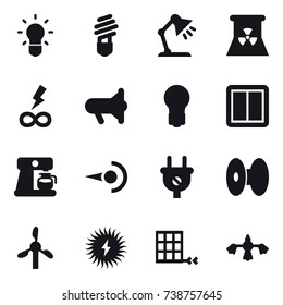 16 vector icon set : bulb, table lamp, nuclear power, infinity power, megafon, power switch, coffee maker, hard reach place cleaning