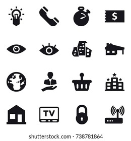 16 vector icon set : bulb, phone, stopwatch, receipt, modern architecture, house with garage, hotel, home, tv