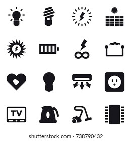 16 vector icon set : bulb, lightning, sun power, battery, infinity power, electrostatic, air conditioning, power socket, tv, kettle, vacuum cleaner