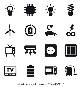 16 vector icon set : bulb, chip, windmill, battery charge, electric car, infinity power, tv, air conditioning, power socket, power switch, vacuum cleaner