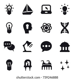 16 vector icon set : bulb, boat, notebook, bulb head, atom, dna, discussion, table lamp, ballon, goverment house, shining