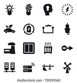 16 vector icon set : bulb, bulb head, lightning, eco car, battery charge, electrostatic, spark plug, factory, power switch, radiator, plow, windmill