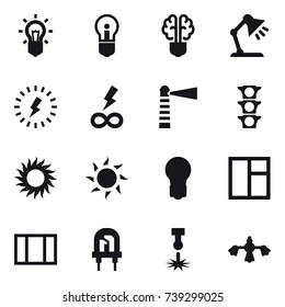 16 vector icon set : bulb, bulb brain, table lamp, lightning, infinity power, lighthouse, sun, window, hard reach place cleaning