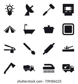 16 vector icon set : bulb, satellite antenna, atm, tent, bath, pan, cutting board, garlic clasp, big spoon, rolling pin, soil cutter, axe, sweeper, brush, home call cleaning