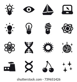 16 vector icon set : bulb, eye, boat, notebook, atom, dna, sun, disco ball, cherry, shining