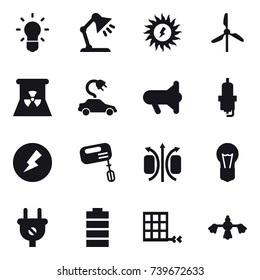 16 vector icon set : bulb, table lamp, sun power, windmill, nuclear power, electric car, megafon, spark plug, electricity, mixer, hard reach place cleaning