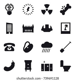16 vector icon set : bulb brain, lightning, nuclear, skyscraper, gothic architecture, building helmet, photo, phone, rain cloud, shovel, eggplant, hive, clean  window, toilet