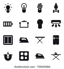 16 vector icon set : bulb, hoverboard, battery, electrostatic, air conditioning, power switch, iron, iron board, fridge