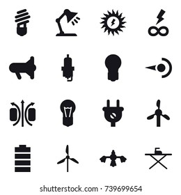 16 vector icon set : bulb, table lamp, sun power, infinity power, megafon, spark plug, windmill, hard reach place cleaning, iron board