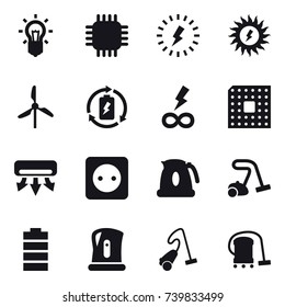 16 vector icon set : bulb, chip, lightning, sun power, windmill, battery charge, infinity power, cpu, air conditioning, power socket, kettle, vacuum cleaner