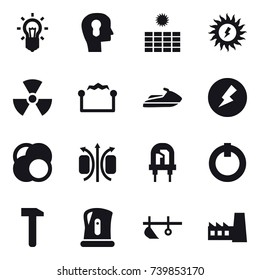 16 vector icon set : bulb, bulb head, sun power, nuclear, electrostatic, jet ski, electricity, kettle, plow, factory