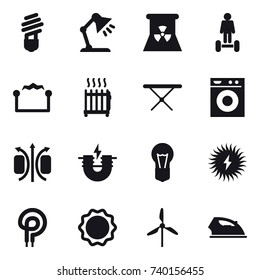 16 vector icon set : bulb, table lamp, nuclear power, hoverboard, electrostatic, radiator, iron board, washing machine, windmill, iron