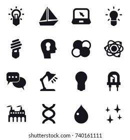 16 vector icon set : bulb, boat, notebook, bulb head, atom core, atom, discussion, table lamp, drop, shining