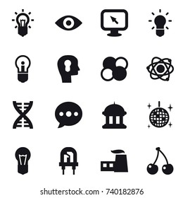 16 vector icon set : bulb, eye, monitor arrow, bulb head, atom core, atom, dna, ballon, goverment house, disco ball, cherry