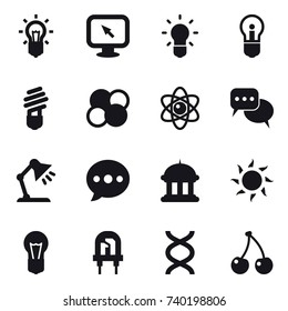 16 vector icon set : bulb, monitor arrow, atom core, atom, discussion, table lamp, ballon, goverment house, sun, cherry