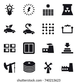 16 vector icon set : bulb, lightning, sun power, nuclear power, eco car, electric car, chip, electrostatic, panel house, power switch, windmill, factory