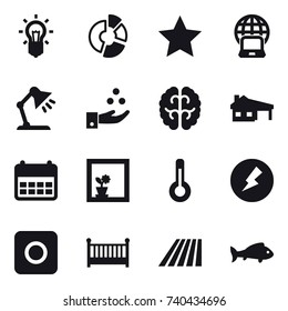 16 vector icon set : bulb, circle diagram, star, notebook globe, table lamp, chamical industry, house with garage, flower in window, thermometer, electricity, ring button, crib, field, fish
