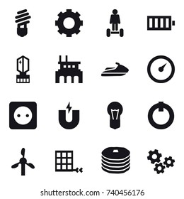 16 vector icon set : bulb, gear, hoverboard, battery, crystall  memory, factory, jet ski, barometer, power socket, gears