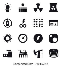16 vector icon set : bulb, sun power, nuclear, nuclear power, battery charge, infinity power, chip, gas station, sun, barometer, electricity