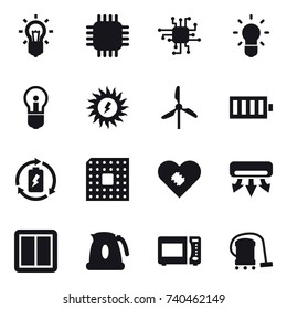 16 vector icon set : bulb, chip, sun power, windmill, battery, battery charge, cpu, air conditioning, power switch, kettle, vacuum cleaner