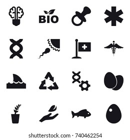 16 vector icon set : bulb brain, bio, nipple, shark flipper, seedling, hand leaf, fish, egg