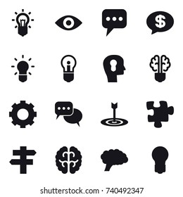 16 vector icon set : bulb, eye, message, money message, bulb head, bulb brain, gear, discussion, target, puzzle, singlepost
