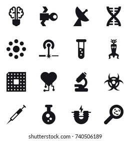 16 vector icon set : bulb brain, satellite, satellite antenna, dna, round around, laser, vial, dna modify, cpu, cardio chip, viruses