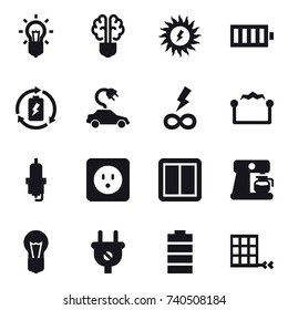 16 vector icon set : bulb, bulb brain, sun power, battery, battery charge, electric car, infinity power, electrostatic, spark plug, power socket, power switch, coffee maker