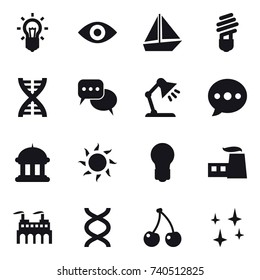 16 vector icon set : bulb, eye, boat, dna, discussion, table lamp, ballon, goverment house, sun, cherry, shining etc