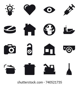 16 vector icon set : bulb, heart, eye, home, camera, do not distrub, surveillance camera, steam pan, pan, harvester, broom