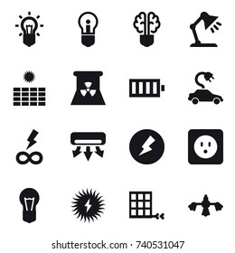 16 vector icon set : bulb, bulb brain, table lamp, sun power, nuclear power, battery, electric car, infinity power, air conditioning, electricity, power socket, hard reach place cleaning