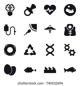 16 vector icon set : bulb brain, nipple, life vest, lifebuoy, seedling, fish
