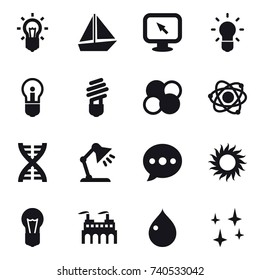 16 vector icon set : bulb, boat, monitor arrow, atom core, atom, dna, table lamp, ballon, sun, drop, shining